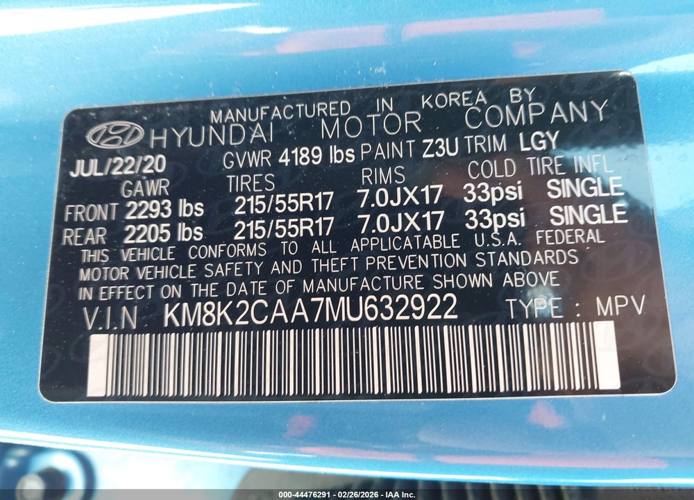 2021 HYUNDAI KONA SEL VIN: KM8K2CAA7MU632922