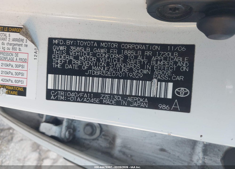 2007 TOYOTA COROLLA CE VIN: JTDBR32E070119329