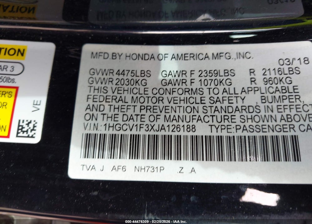 2018 HONDA ACCORD SPORT VIN: 1HGCV1F3XJA126188