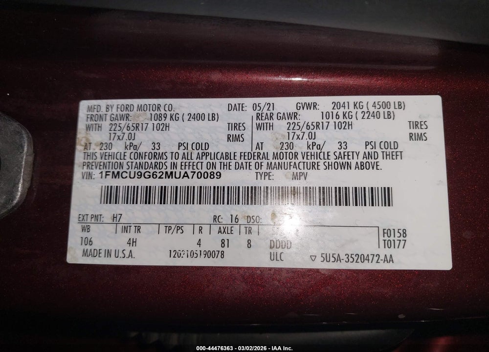 2021 FORD ESCAPE SE VIN: 1FMCU9G62MUA70089