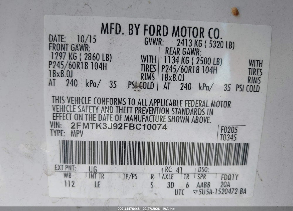 2015 FORD EDGE SEL VIN: 2FMTK3J92FBC10074