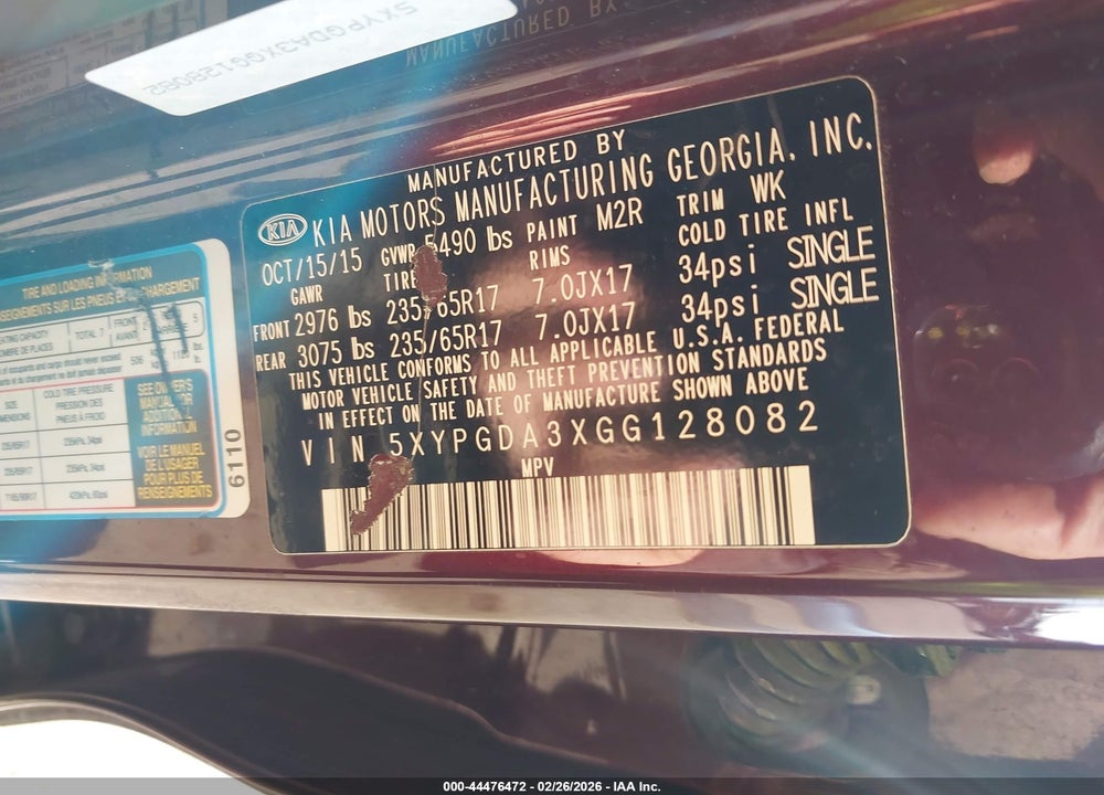 2016 KIA SORENTO 2.4L LX VIN: 5XYPGDA3XGG128082