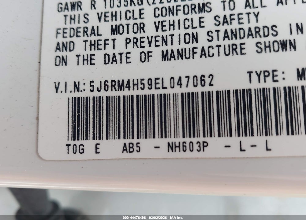 2014 HONDA CR-V EX VIN: 5J6RM4H59EL047062