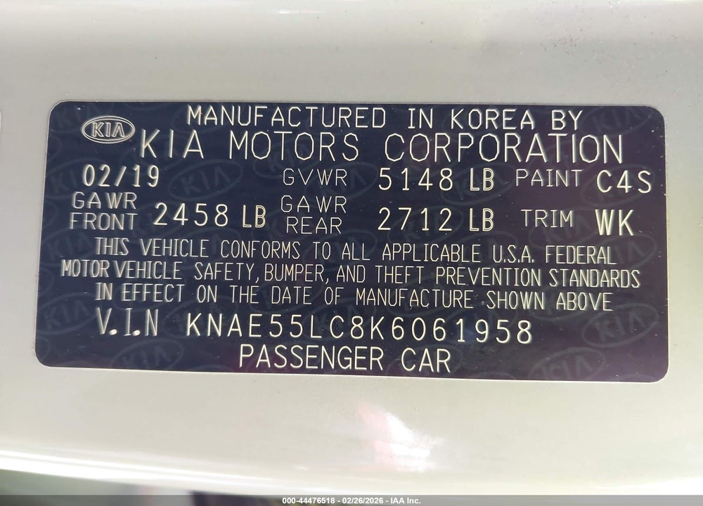 2019 KIA STINGER GT2 VIN: KNAE55LC8K6061958