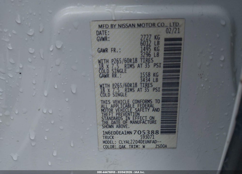 2021 NISSAN FRONTIER S 4X2/ SV 4X2 VIN: 1N6ED0EA1MN705388