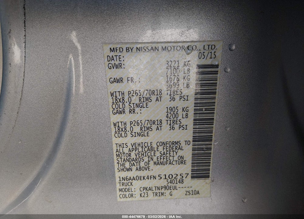 2015 NISSAN TITAN SV VIN: 1N6AA0EK4FN510257