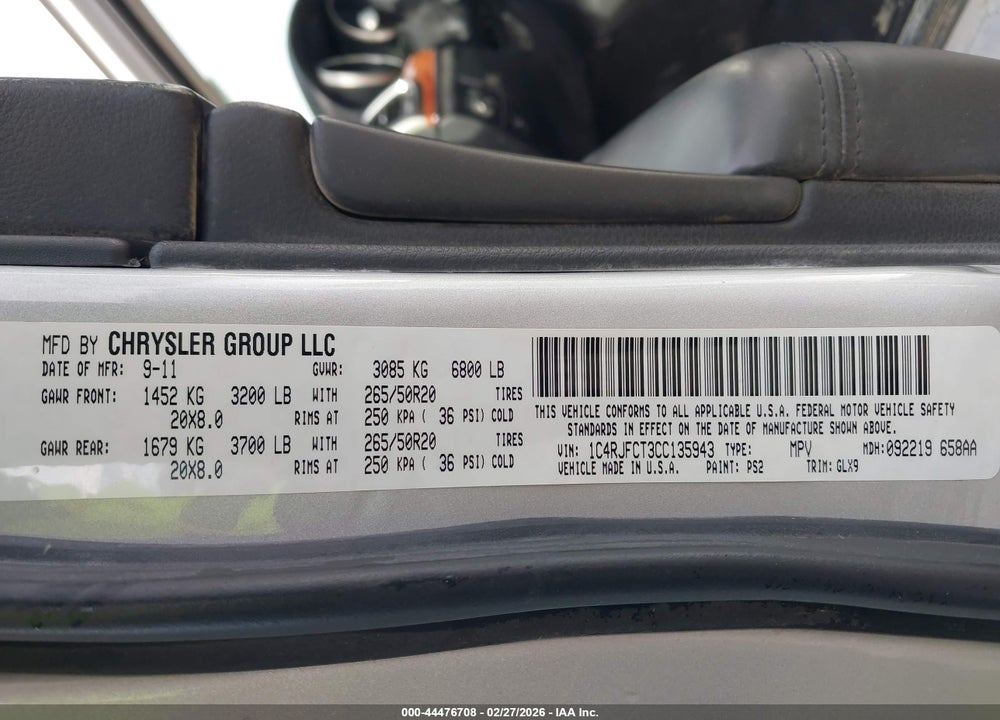2012 JEEP GRAND CHEROKEE OVERLAND VIN: 1C4RJFCT3CC135943