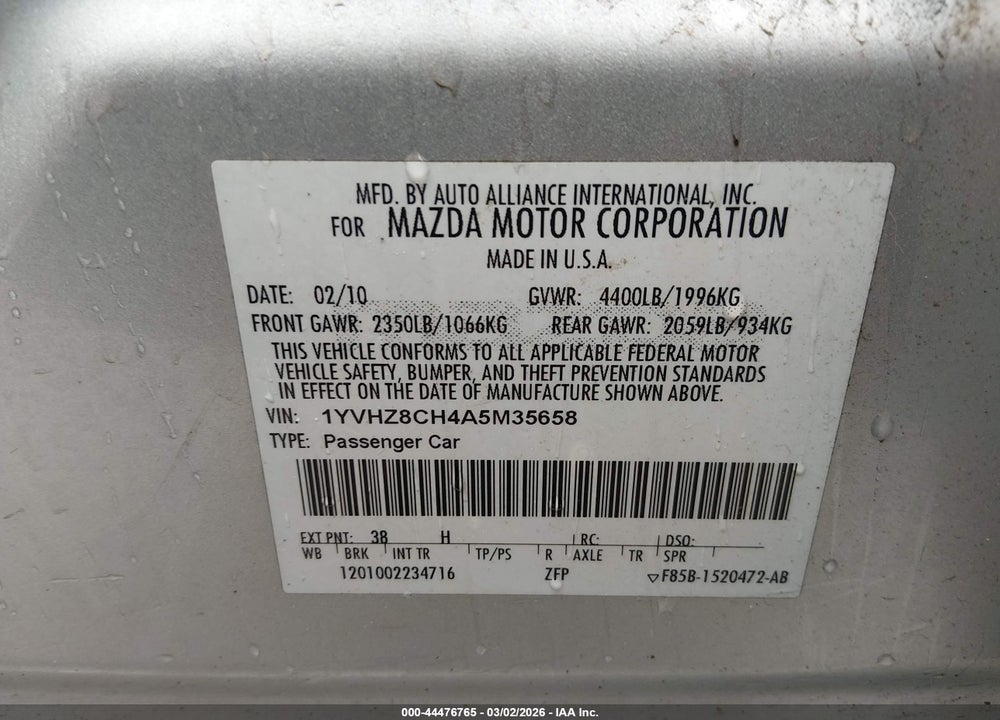 2010 MAZDA 6 I TOURING VIN: 1YVHZ8CH4A5M35658
