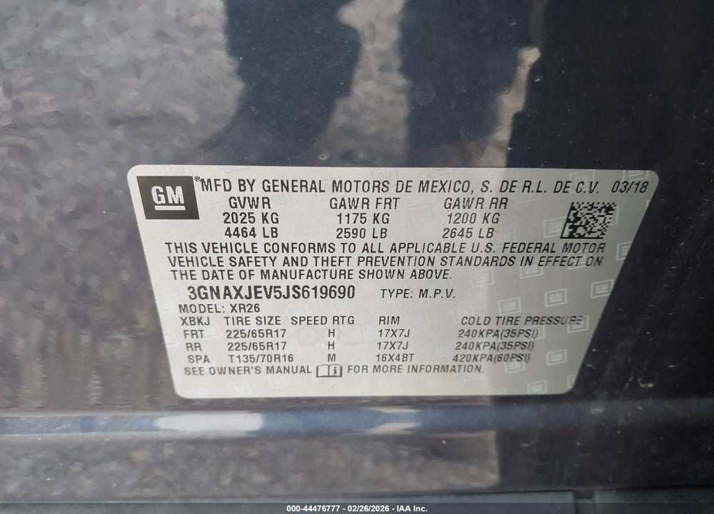 2018 CHEVROLET EQUINOX LT VIN: 3GNAXJEV5JS619690