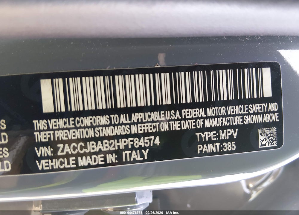 2017 JEEP RENEGADE SPORT 4X4 VIN: ZACCJBAB2HPF84574