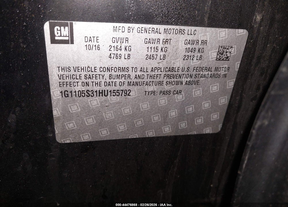2017 CHEVROLET IMPALA 1LT VIN: 1G1105S31HU155792