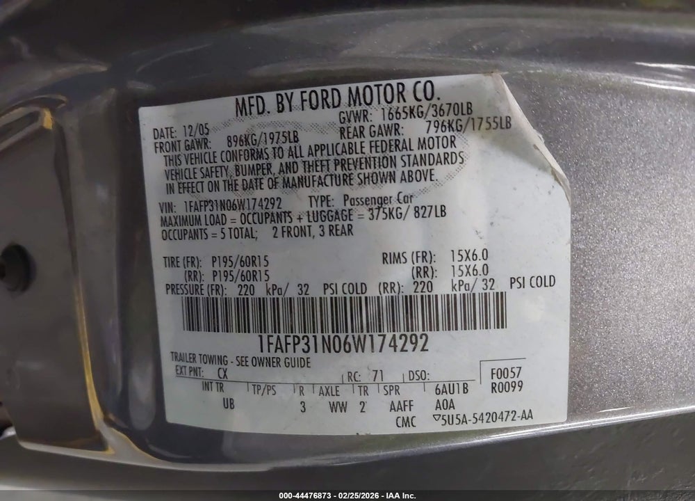 2006 FORD FOCUS ZX3 VIN: 1FAFP31N06W174292