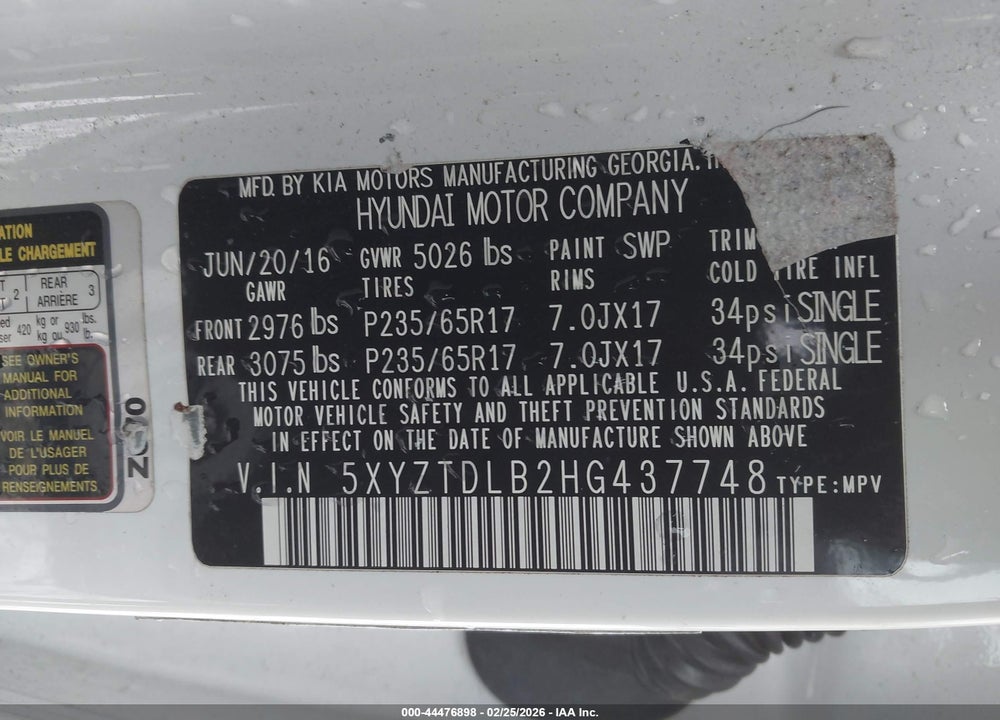 2017 HYUNDAI SANTA FE SPORT 2.4L VIN: 5XYZTDLB2HG437748