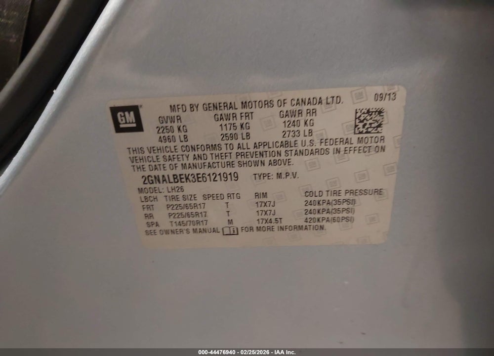 2014 CHEVROLET EQUINOX 1LT VIN: 2GNALBEK3E6121919