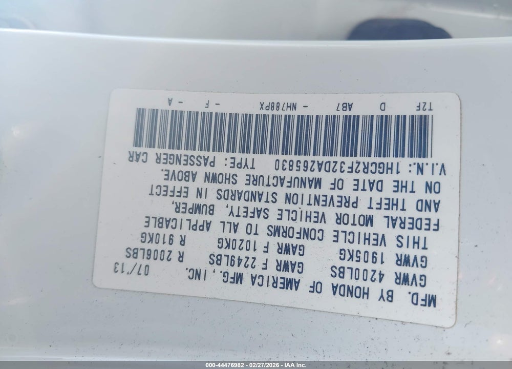 2013 HONDA ACCORD LX VIN: 1HGCR2F32DA265830