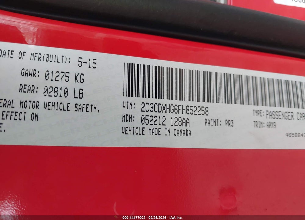 2015 DODGE CHARGER SXT VIN: 2C3CDXHG6FH852258
