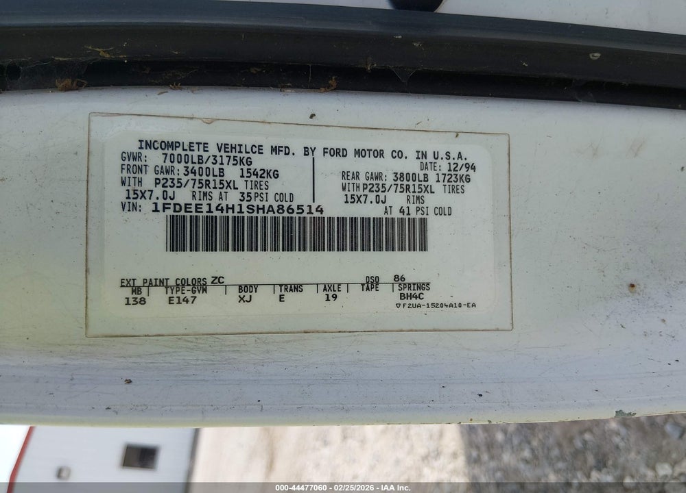 1995 FORD ECONOLINE E150 VAN VIN: 1FDEE14H1SHA86514