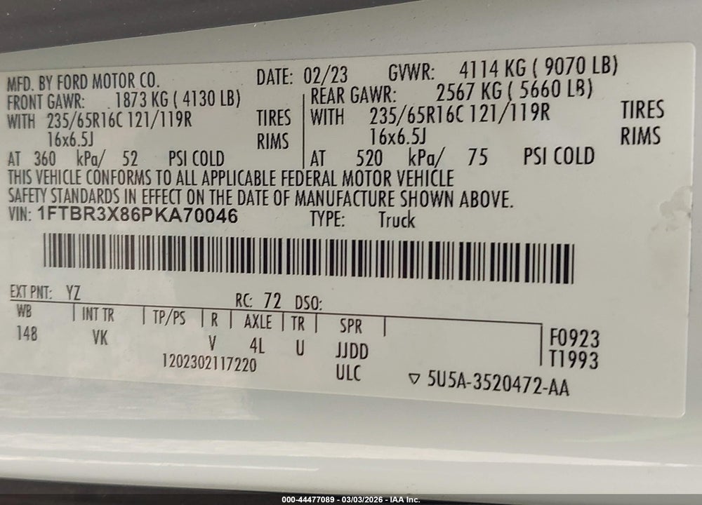 2023 FORD TRANSIT-250 CARGO VAN VIN: 1FTBR3X86PKA70046