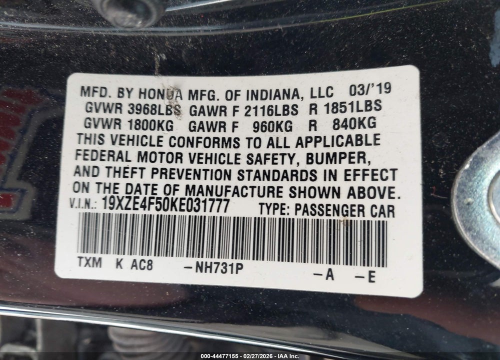 2019 HONDA INSIGHT EX VIN: 19XZE4F50KE031777