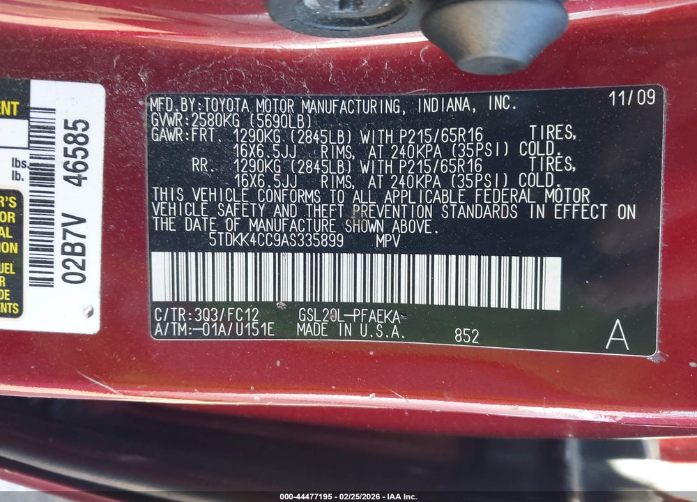 2010 TOYOTA SIENNA LE VIN: 5TDKK4CC9AS335899