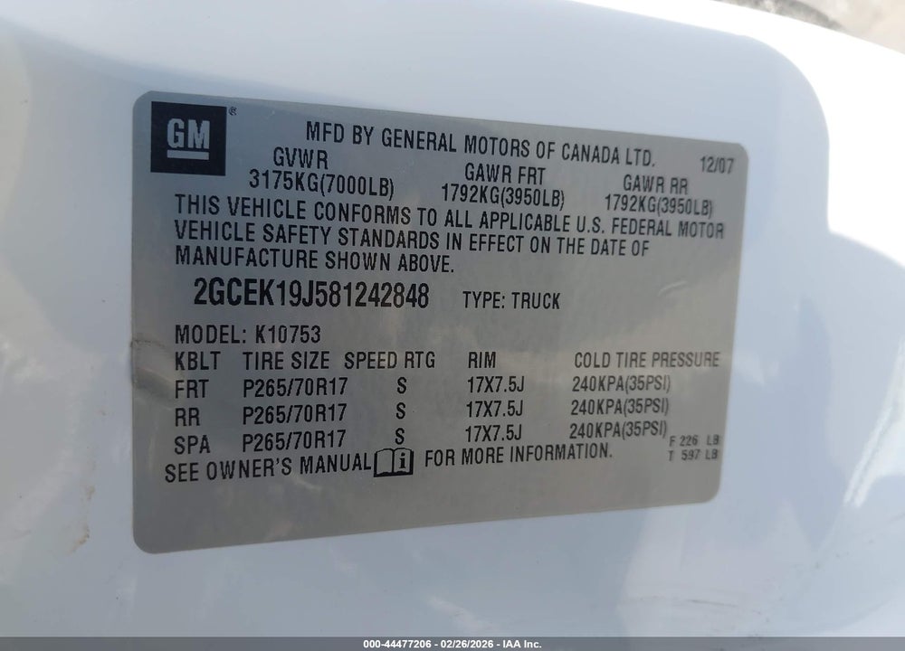 2008 CHEVROLET SILVERADO 1500 LT1 VIN: 2GCEK19J581242848