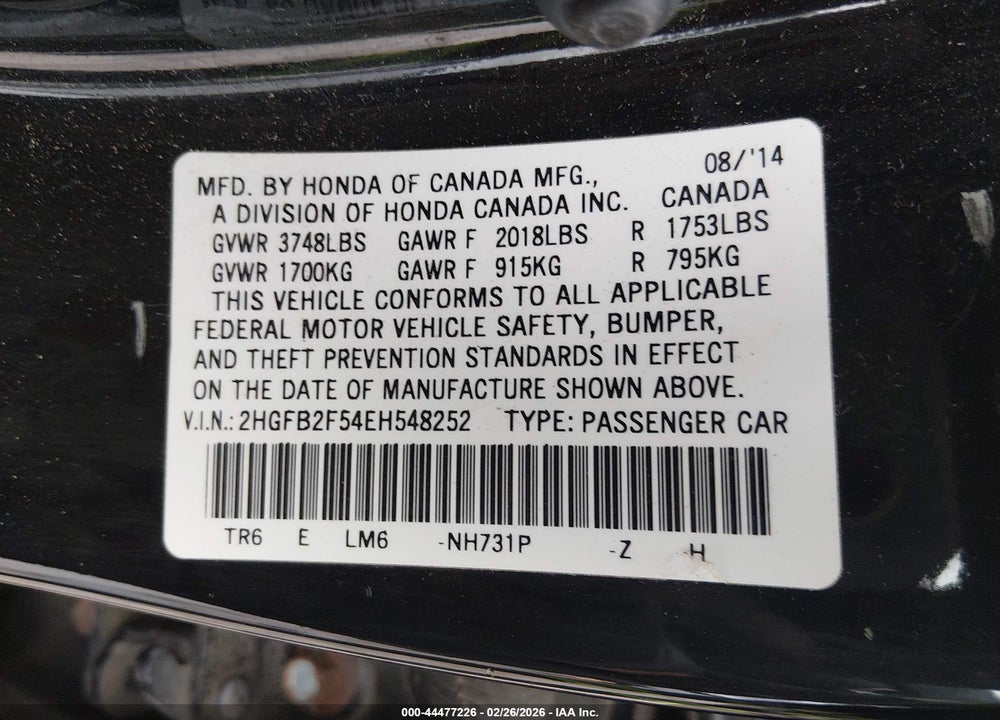 2014 HONDA CIVIC LX VIN: 2HGFB2F54EH548252