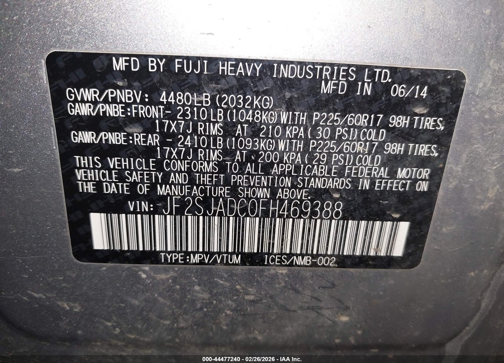 2015 SUBARU FORESTER 2.5I PREMIUM VIN: JF2SJADC0FH469388