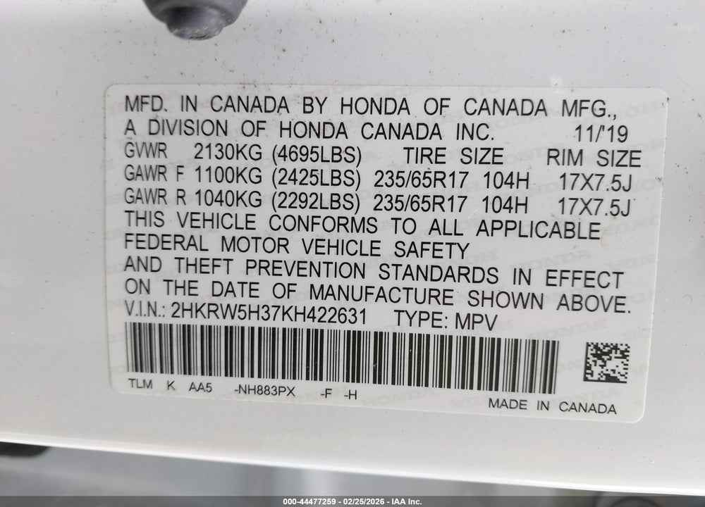 2019 HONDA CR-V LX VIN: 2HKRW5H37KH422631