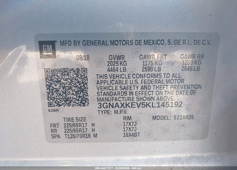 2019 CHEVROLET EQUINOX LT VIN: 3GNAXKEV5KL145192