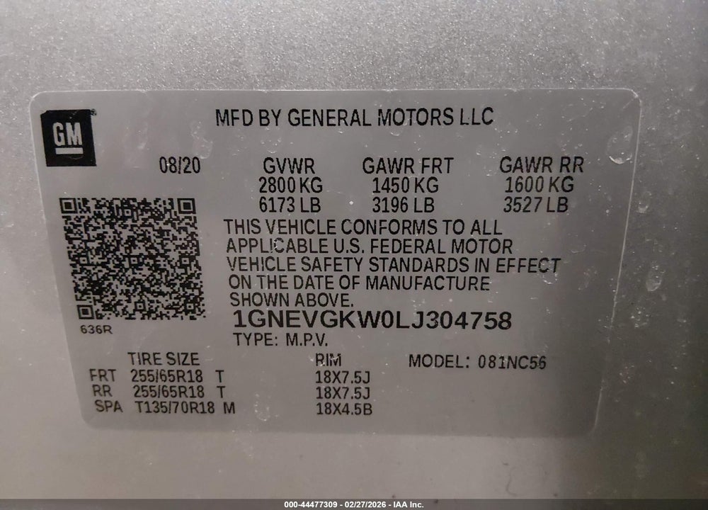 2020 CHEVROLET TRAVERSE AWD LT CLOTH VIN: 1GNEVGKW0LJ304758