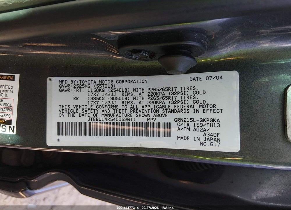 2004 TOYOTA 4RUNNER SR5 SPORT V6 VIN: JTEBU14R540052611