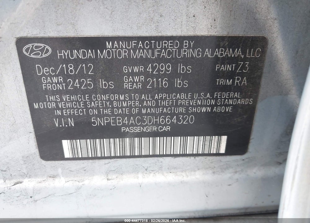 2013 HYUNDAI SONATA GLS VIN: 5NPEB4AC3DH664320