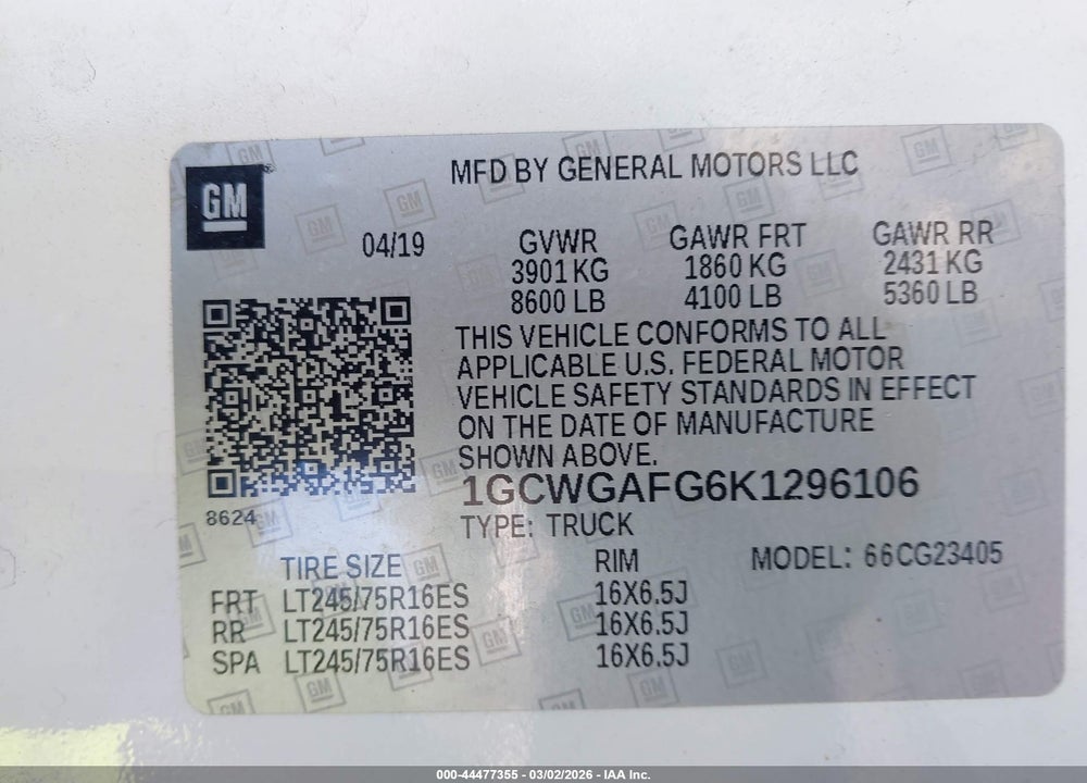 2019 CHEVROLET EXPRESS 2500 WORK VAN VIN: 1GCWGAFG6K1296106