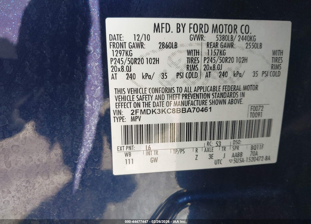 2011 FORD EDGE LIMITED VIN: 2FMDK3KC8BBA70461