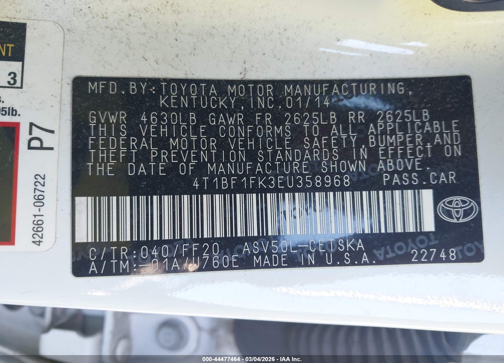 2014 TOYOTA CAMRY SE VIN: 4T1BF1FK3EU358968