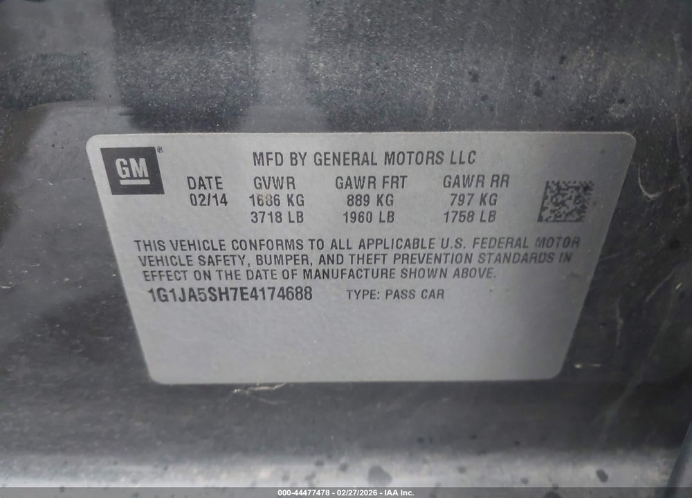 2014 CHEVROLET SONIC LS AUTO VIN: 1G1JA5SH7E4174688