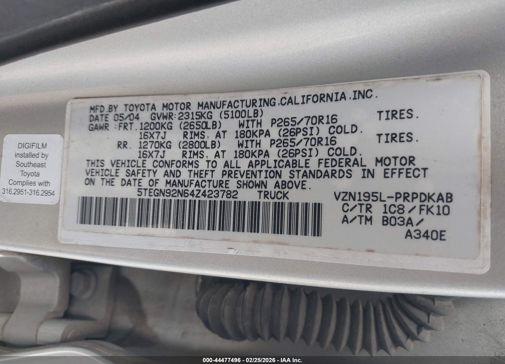 2004 TOYOTA TACOMA PRERUNNER V6 VIN: 5TEGN92N64Z423782