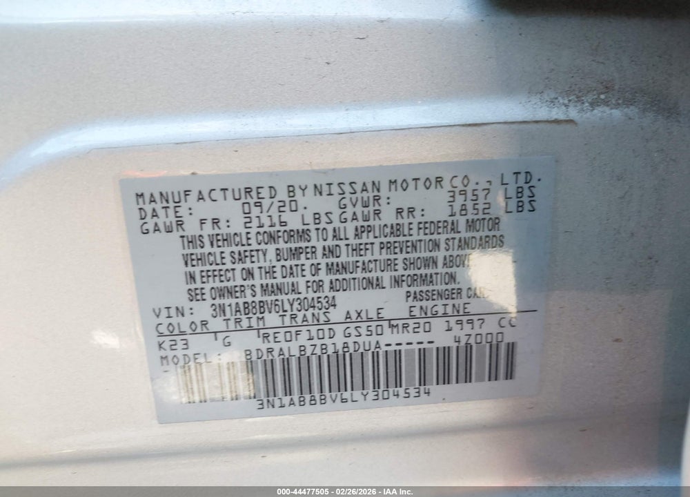 2020 NISSAN SENTRA S XTRONIC CVT VIN: 3N1AB8BV6LY304534
