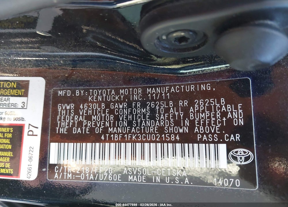 2012 TOYOTA CAMRY SE VIN: 4T1BF1FK3CU021584