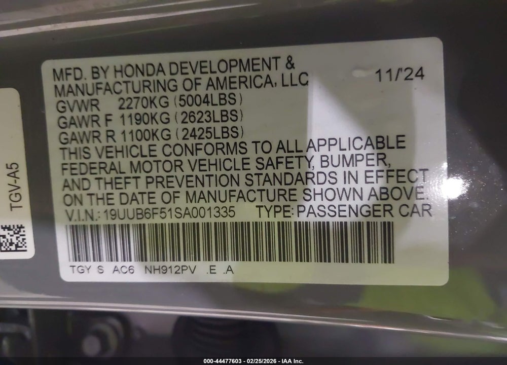 2025 ACURA TLX A-SPEC PACKAGE VIN: 19UUB6F51SA001335