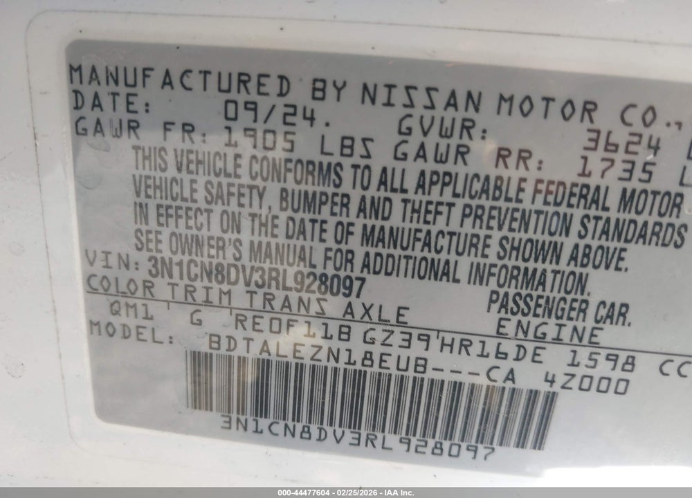 2024 NISSAN VERSA 1.6 S VIN: 3N1CN8DV3RL928097