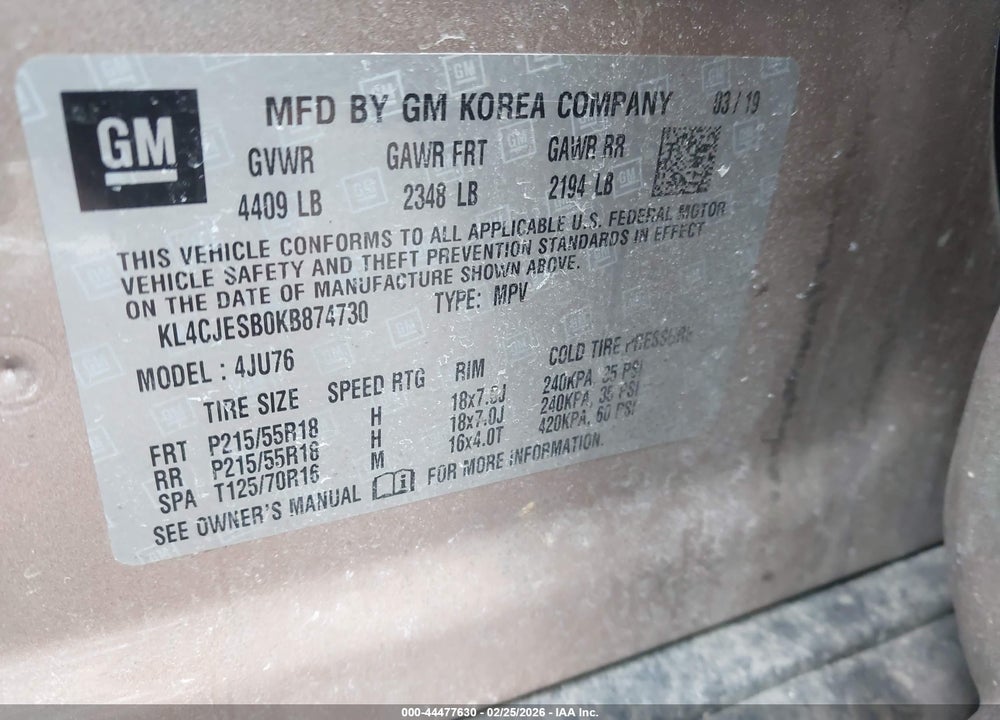2019 BUICK ENCORE AWD PREFERRED VIN: KL4CJESB0KB874730