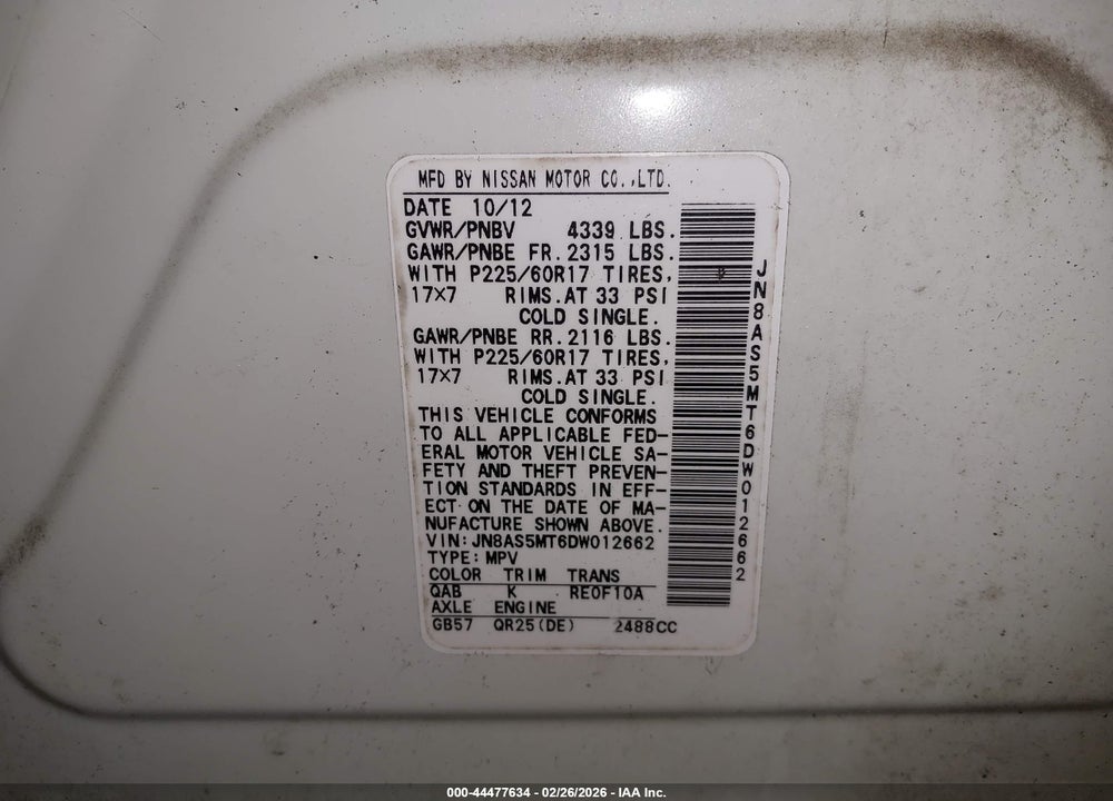 2013 NISSAN ROGUE SV VIN: JN8AS5MT6DW012662