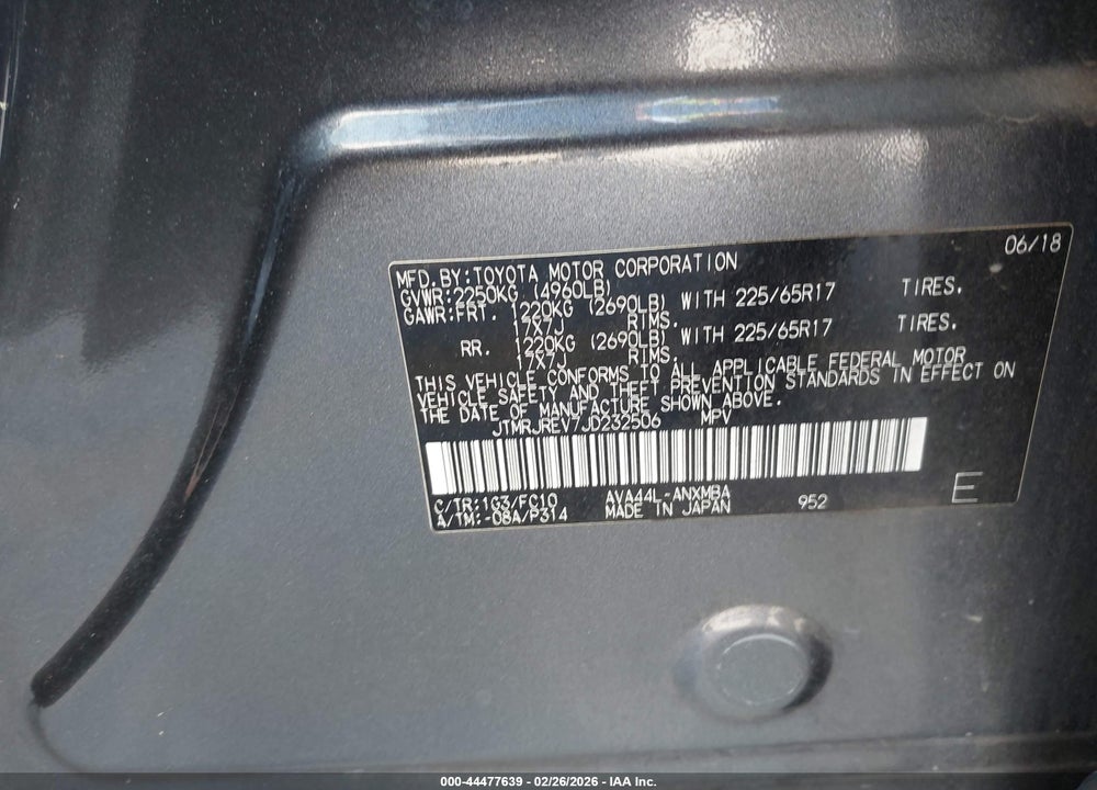 2018 TOYOTA RAV4 HYBRID XLE VIN: JTMRJREV7JD232506