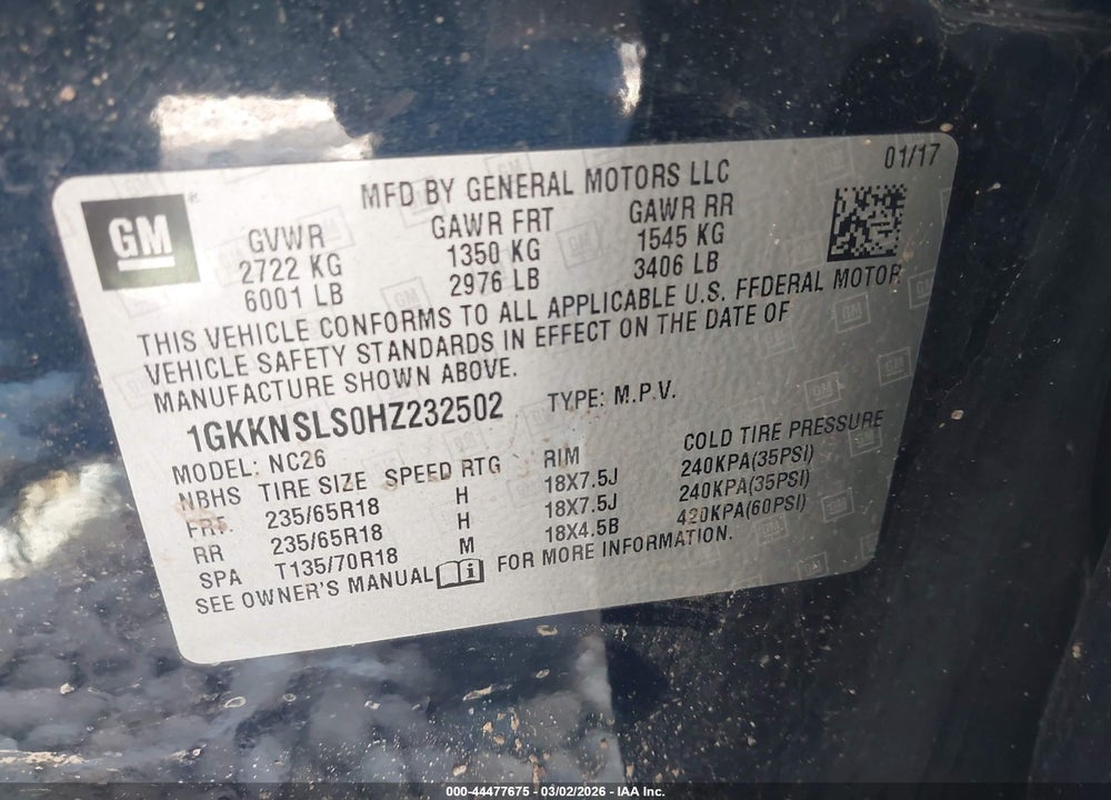 2017 GMC ACADIA SLE-2 VIN: 1GKKNSLS0HZ232502