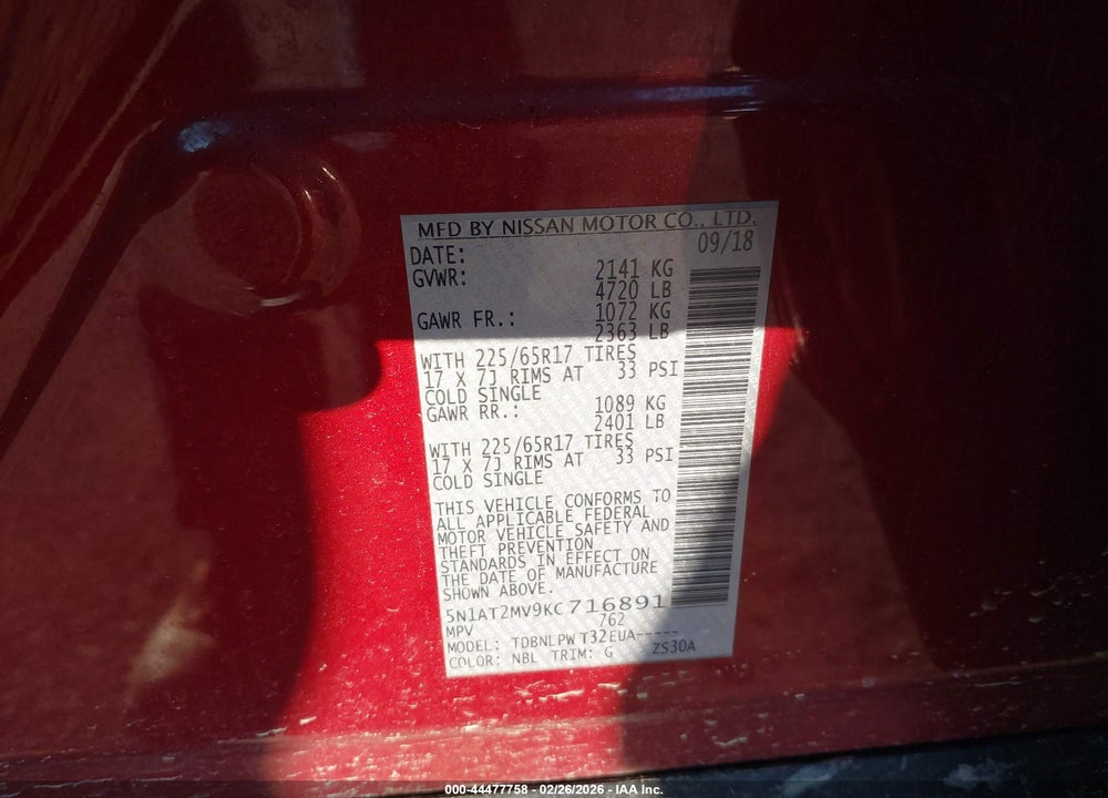 2019 NISSAN ROGUE S VIN: 5N1AT2MV9KC716891