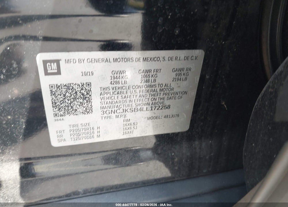 2020 CHEVROLET TRAX FWD LS VIN: 3GNCJKSB4LL172258