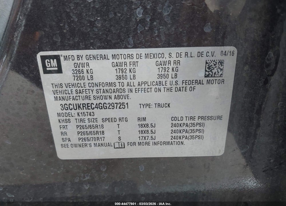 2016 CHEVROLET SILVERADO 1500 2LT VIN: 3GCUKREC4GG297251