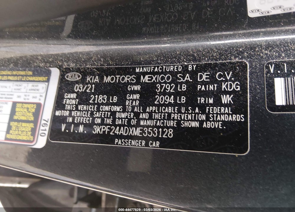 2021 KIA FORTE LXS VIN: 3KPF24ADXME353128