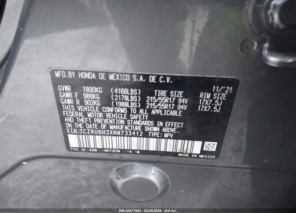 2022 HONDA HR-V AWD LX VIN: 3CZRU6H3XNM733412